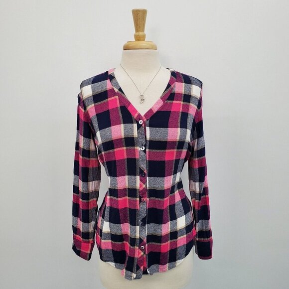Foxcroft Womens Button Up Plaid V-Neck Blouse Top Size 10 Pink Blue Long Sleeve - Picture 1 of 15